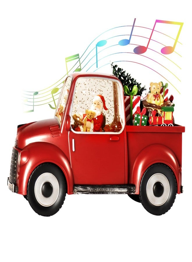 JEDAWN كرة ثلجية موسيقية على شكل شاحنة حمراء مع بريق متلألئ، مزينة بشخصية سانتا، وشجرة عيد الميلاد، وهدايا، ودب، وقطار صغير، وزينة عيد الميلاد. - Image 1